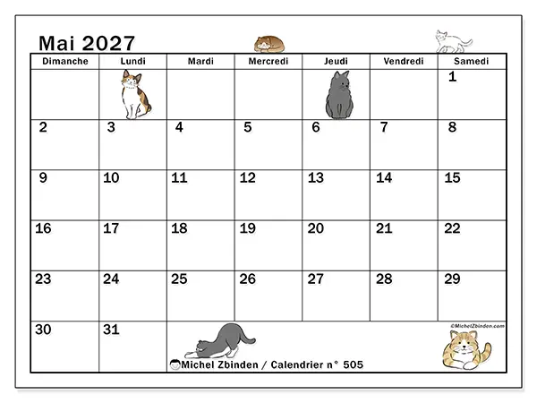 Calendrier mai 2027 à imprimer - Vie de chat - Semaine : dimanche à samedi