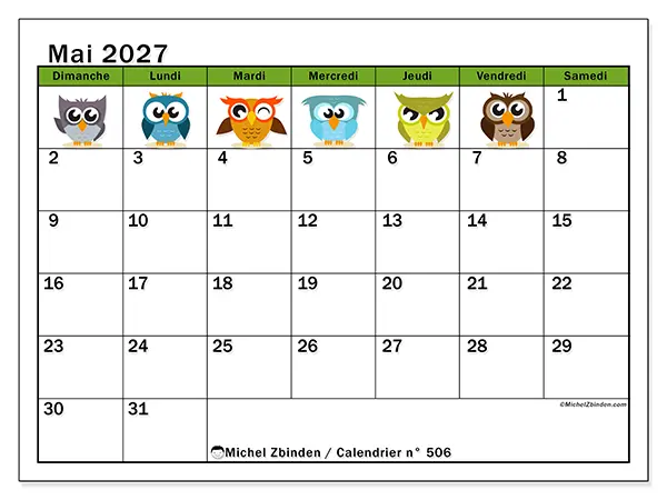 Calendrier mai 2027 à imprimer - Hiboux amusants - Semaine : dimanche à samedi