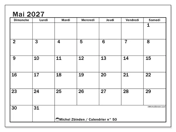 Calendrier mai 2027 à imprimer - Planification optimale - Semaine : dimanche à samedi