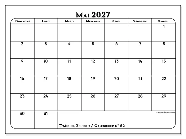Calendrier mai 2027 à imprimer - Organisation professionnelle - Semaine : dimanche à samedi