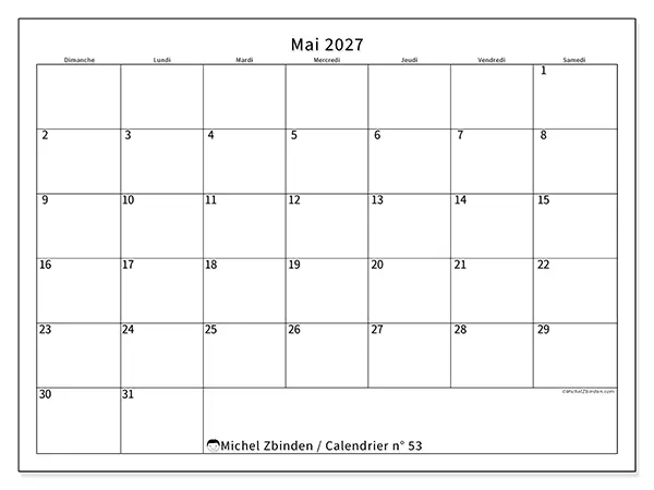 Calendrier mai 2027 à imprimer - Horaire efficace - Semaine : dimanche à samedi