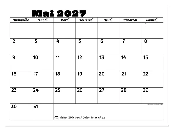 Calendrier mai 2027 à imprimer - Activités en famille - Semaine : dimanche à samedi