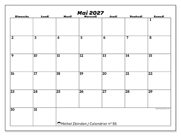 Calendrier mai 2027 à imprimer - Organisation des loisirs - Semaine : dimanche à samedi