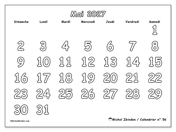 Calendrier mai 2027 à imprimer - Coloriage utile - Semaine : dimanche à samedi