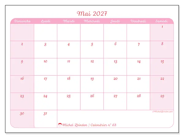 Calendrier mai 2027 à imprimer - Organisation en douceur - Semaine : dimanche à samedi