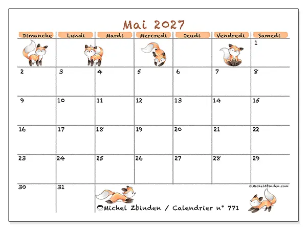 Calendrier mai 2027 à imprimer - Dessins de renards - Semaine : dimanche à samedi
