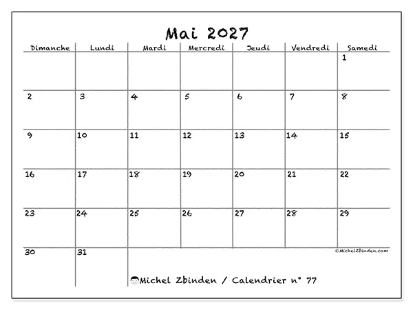 Calendrier mai 2027 à imprimer - École et famille - Semaine : dimanche à samedi