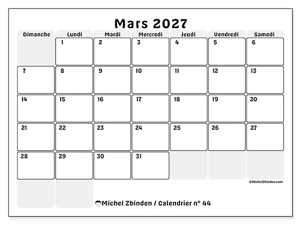 Calendrier mars 2027 à imprimer - Planning structuré - Semaine : dimanche à samedi