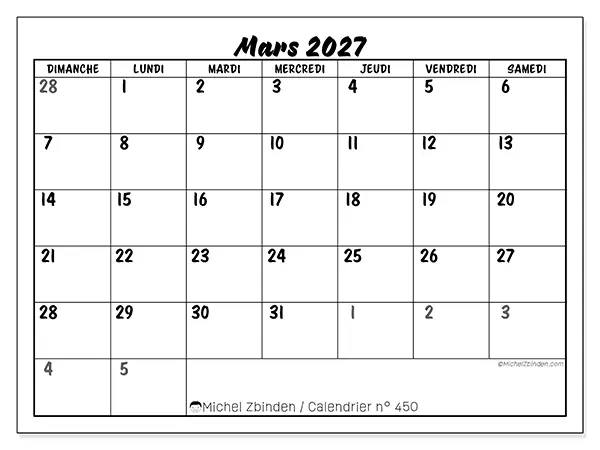 Calendrier mars 2027 à imprimer - Organisation détaillée - Semaine : dimanche à samedi