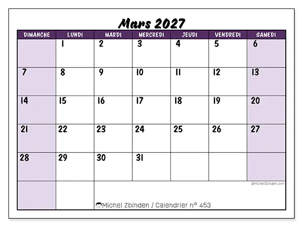 Calendrier mars 2027 à imprimer - Efficacité colorée - Semaine : dimanche à samedi