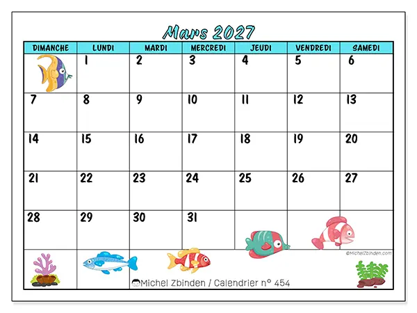 Calendrier mars 2027 à imprimer - Poissons colorés - Semaine : dimanche à samedi