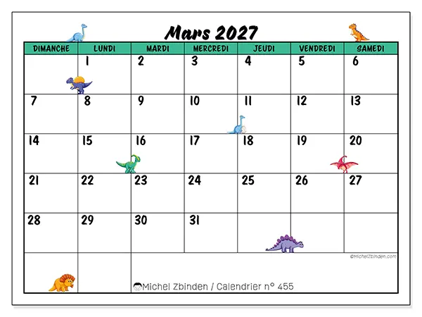 Calendrier mars 2027 à imprimer - Petits dinosaures - Semaine : dimanche à samedi