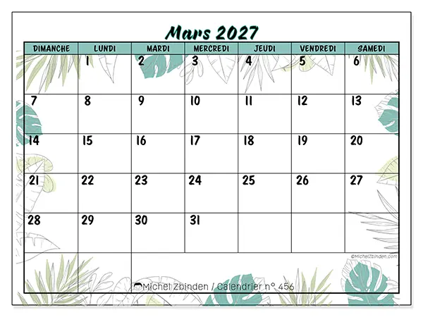 Calendrier mars 2027 à imprimer - Nature et jardin - Semaine : dimanche à samedi