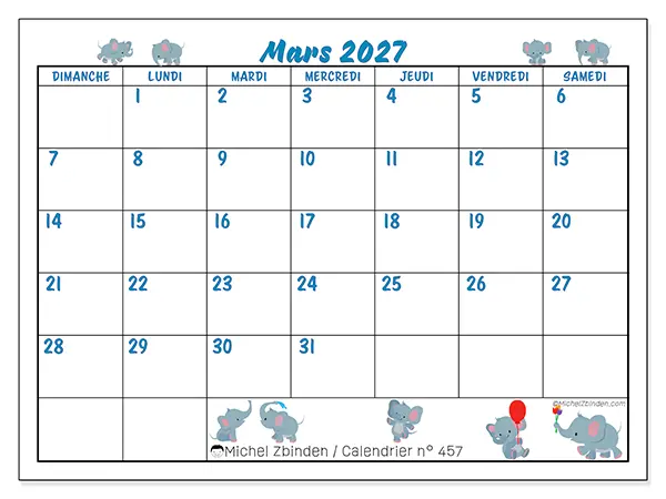 Calendrier mars 2027 à imprimer - Petits éléphants - Semaine : dimanche à samedi