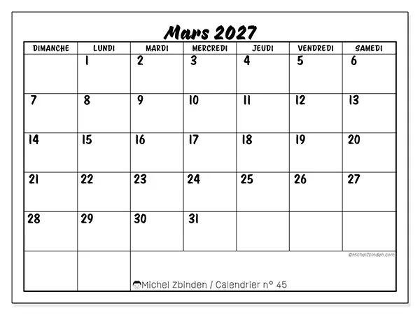 Calendrier mars 2027 à imprimer - Réussite scolaire - Semaine : dimanche à samedi