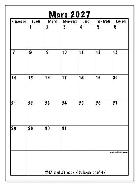 Calendrier mars 2027 à imprimer - Planning efficace - Semaine : dimanche à samedi