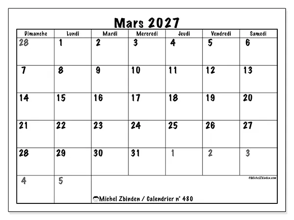 Calendrier mars 2027 à imprimer - Planification complète - Semaine : dimanche à samedi