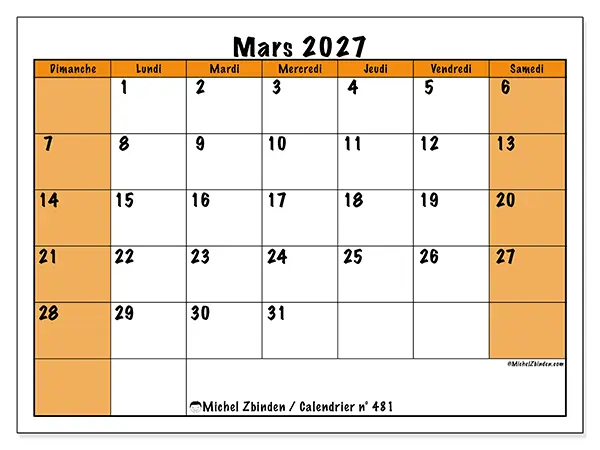 Calendrier mars 2027 à imprimer - Planning dynamique - Semaine : dimanche à samedi