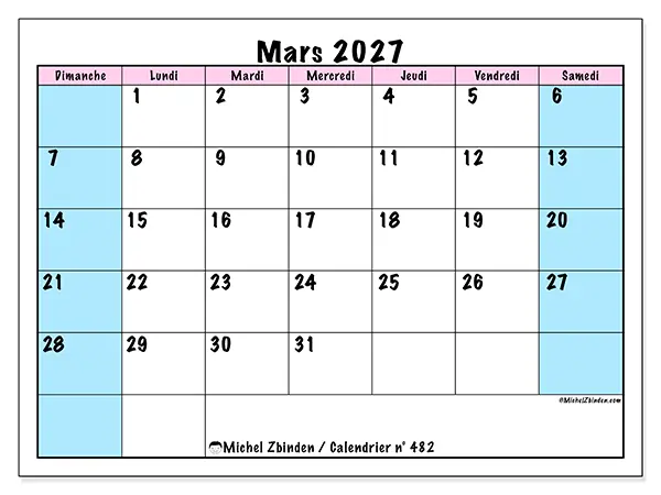 Calendrier mars 2027 à imprimer - Horaire d’équipe - Semaine : dimanche à samedi