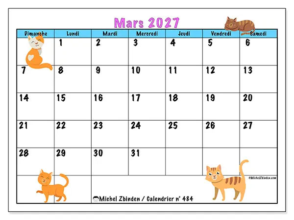 Calendrier mars 2027 à imprimer - Amour des chats - Semaine : dimanche à samedi