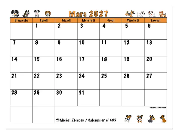 Calendrier mars 2027 à imprimer - Chiens enthousiastes - Semaine : dimanche à samedi