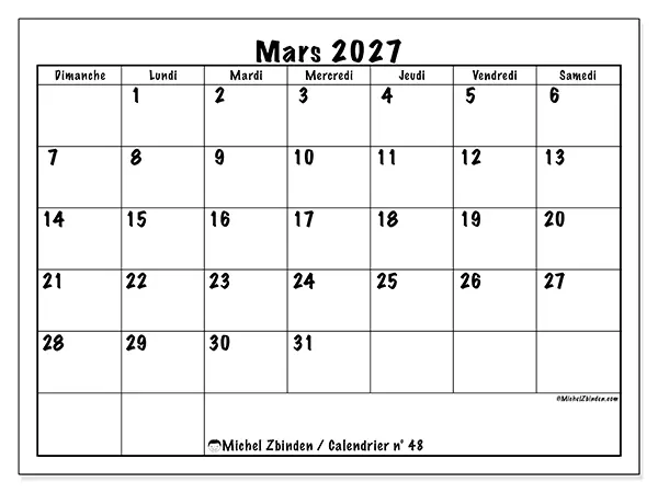 Calendrier mars 2027 à imprimer - Efficacité quotidienne - Semaine : dimanche à samedi