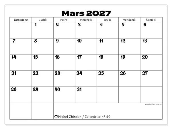 Calendrier mars 2027 à imprimer - Coordination productive - Semaine : dimanche à samedi