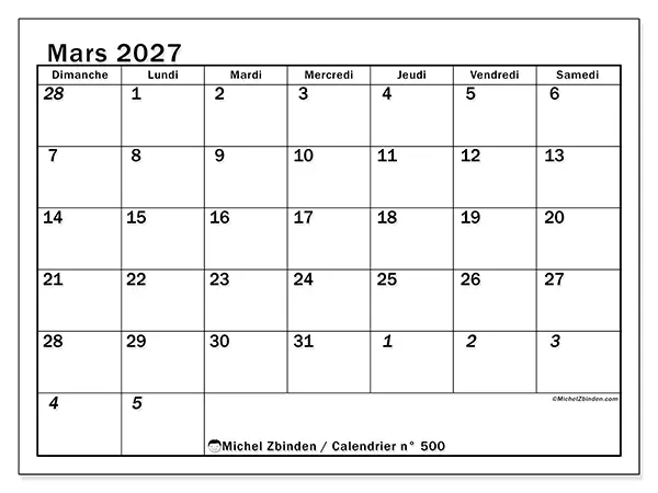 Calendrier mars 2027 à imprimer - Planning intensif - Semaine : dimanche à samedi