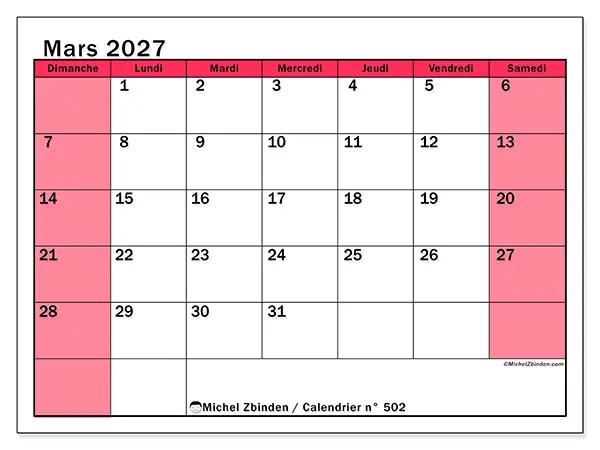 Calendrier mars 2027 à imprimer - Gestion lumineuse - Semaine : dimanche à samedi