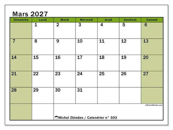 Calendrier mars 2027 à imprimer - Organisation vivante - Semaine : dimanche à samedi