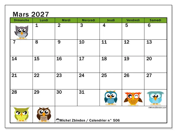 Calendrier mars 2027 à imprimer - Hiboux amusants - Semaine : dimanche à samedi