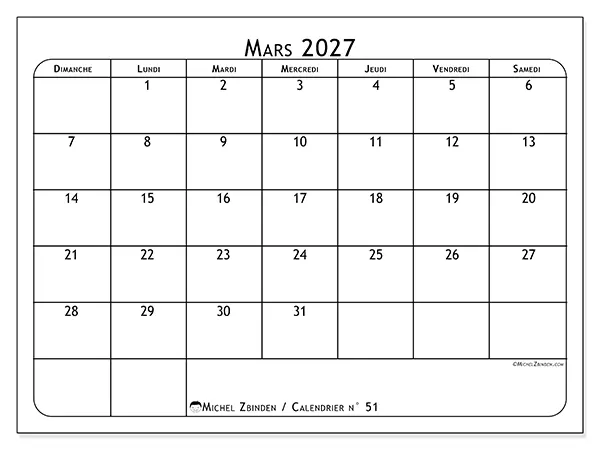Calendrier mars 2027 à imprimer - Programme des repas - Semaine : dimanche à samedi