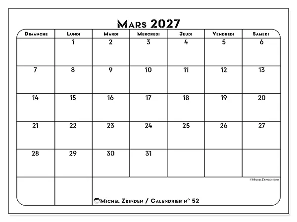 Calendrier mars 2027 à imprimer - Organisation professionnelle - Semaine : dimanche à samedi