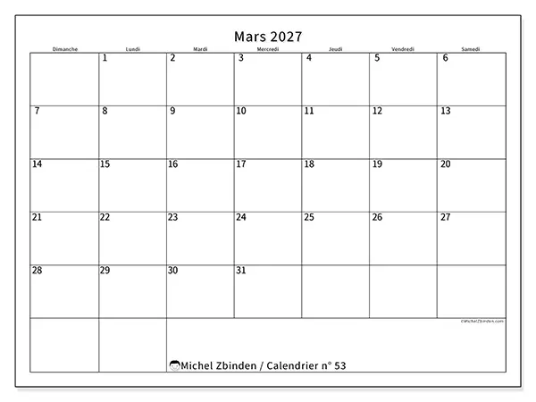 Calendrier mars 2027 à imprimer - Horaire efficace - Semaine : dimanche à samedi