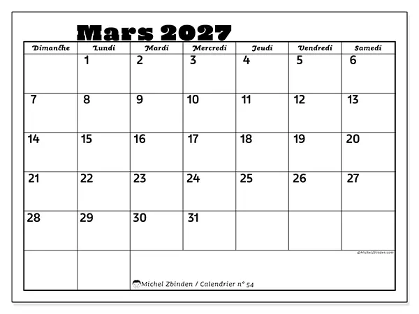 Calendrier mars 2027 à imprimer - Activités en famille - Semaine : dimanche à samedi