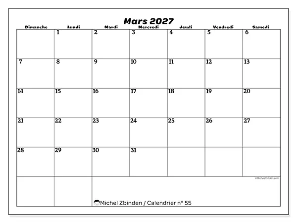 Calendrier mars 2027 à imprimer - Organisation des loisirs - Semaine : dimanche à samedi