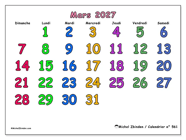 Calendrier mars 2027 à imprimer - Moments créatifs - Semaine : dimanche à samedi