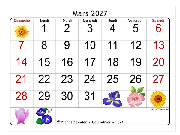 Calendrier mars 2027 à imprimer - Grandes fleurs - Semaine : dimanche à samedi