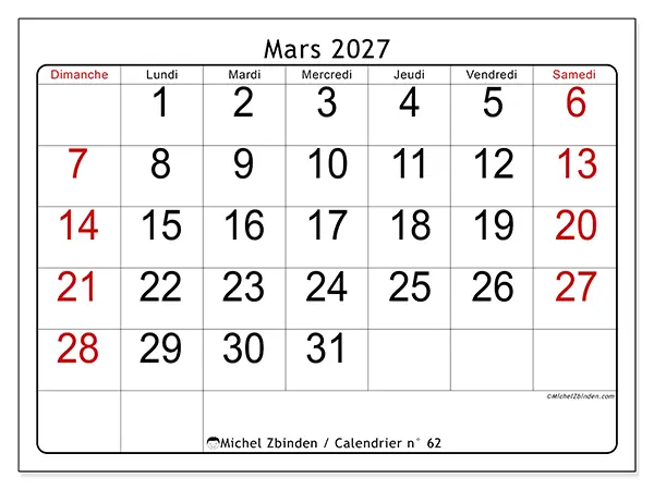 Calendrier mars 2027 à imprimer - Lecture rapide - Semaine : dimanche à samedi