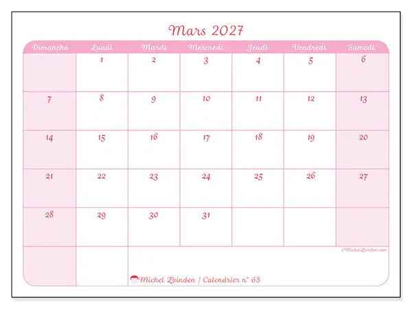 Calendrier mars 2027 à imprimer - Organisation en douceur - Semaine : dimanche à samedi