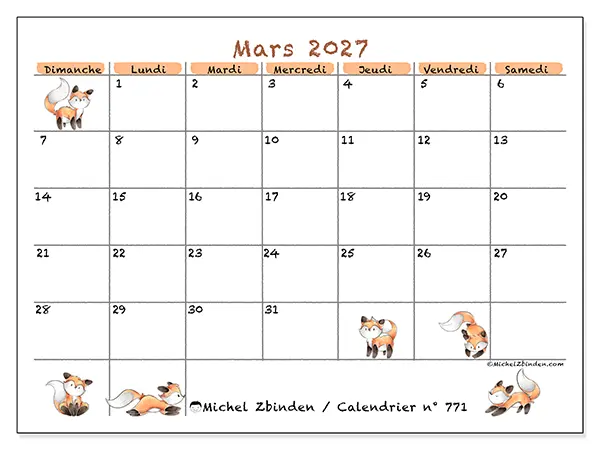 Calendrier mars 2027 à imprimer - Dessins de renards - Semaine : dimanche à samedi