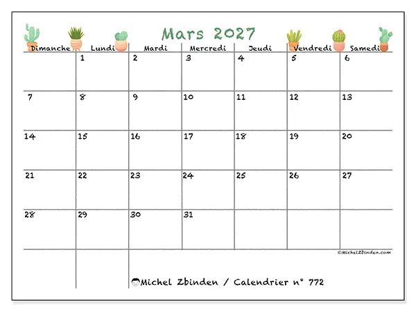 Calendrier mars 2027 à imprimer - Cactus décoratifs - Semaine : dimanche à samedi