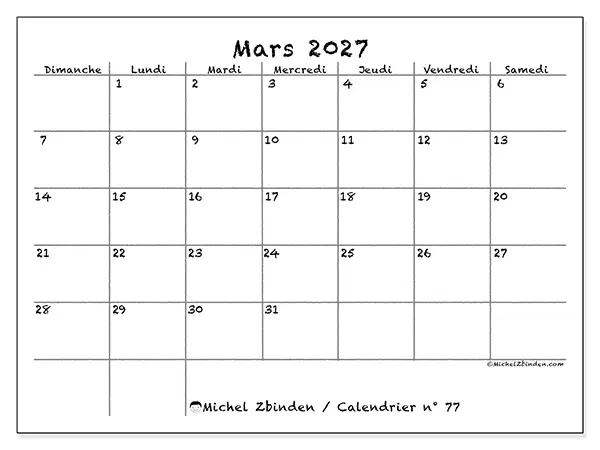 Calendrier mars 2027 à imprimer - École et famille - Semaine : dimanche à samedi