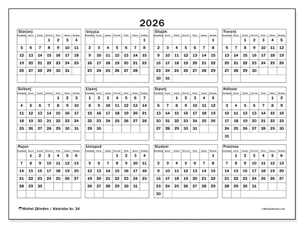 Godišnji kalendar 2026 za ispis - Odmor i slobodno vrijeme