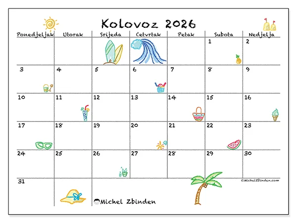 Kalendar kolovoz 2026 za ispis - Sunčani odmor