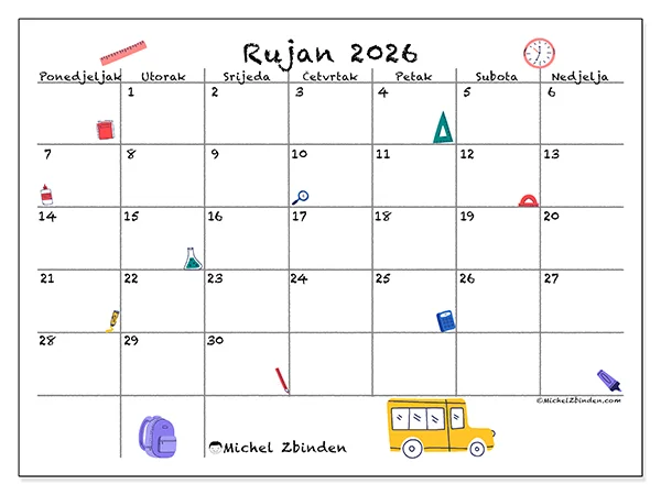 Kalendar rujan 2026 za ispis - Povratak u školu