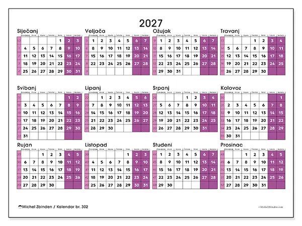 Godišnji kalendar 2027 za ispis - Dinamičan ured