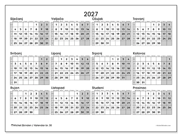 Godišnji kalendar 2027 za ispis - Cjelovit plan