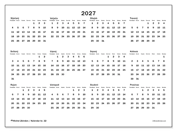 Godišnji kalendar 2027 za ispis - Pregled godine