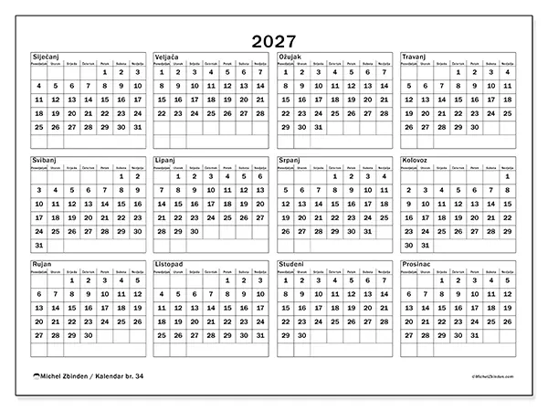Godišnji kalendar 2027 za ispis - Odmor i slobodno vrijeme
